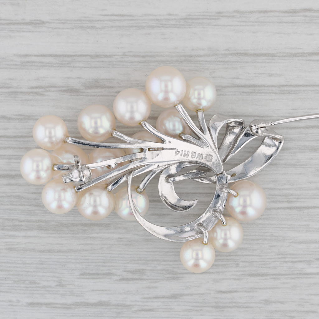 Gray Mikimoto Vintage Cultured Pearl Brooch 14k White Gold Flower Spray Statement Pin