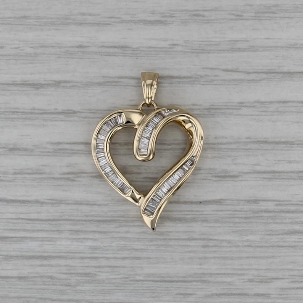 Stylized Diamond Open Heart Pendant 14k Yellow Gold Channel Set Baguettes