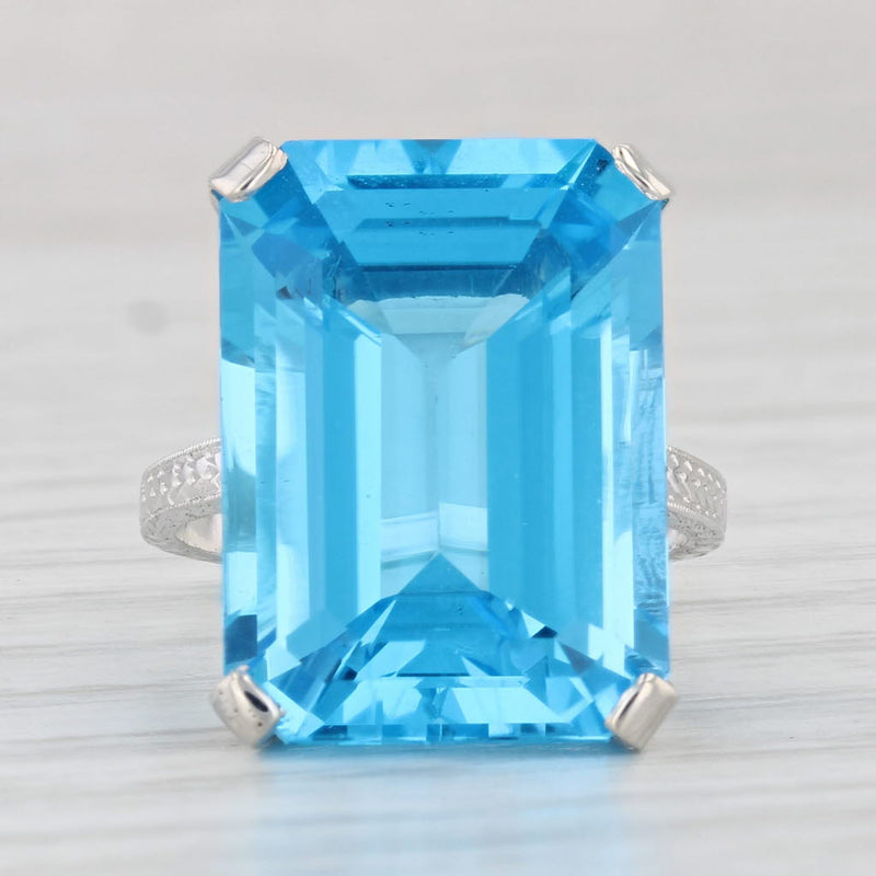 Light Gray Vintage 19.70ct Blue Topaz Ring 18k White Gold Size 4.5 Emerald Cut Solitaire