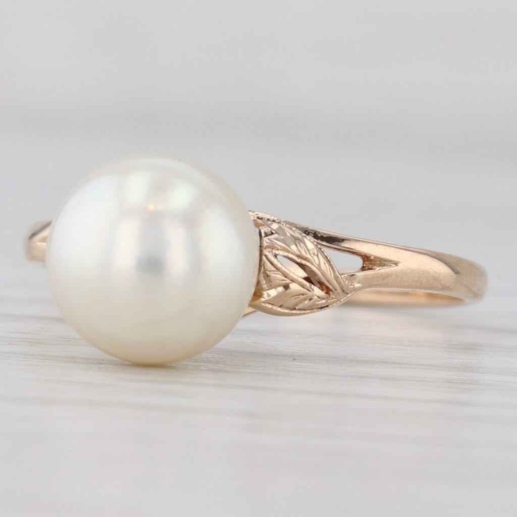 Light Gray Cultured Pearl Solitaire Ring 14k Yellow Gold Size 7 Leaf Accents