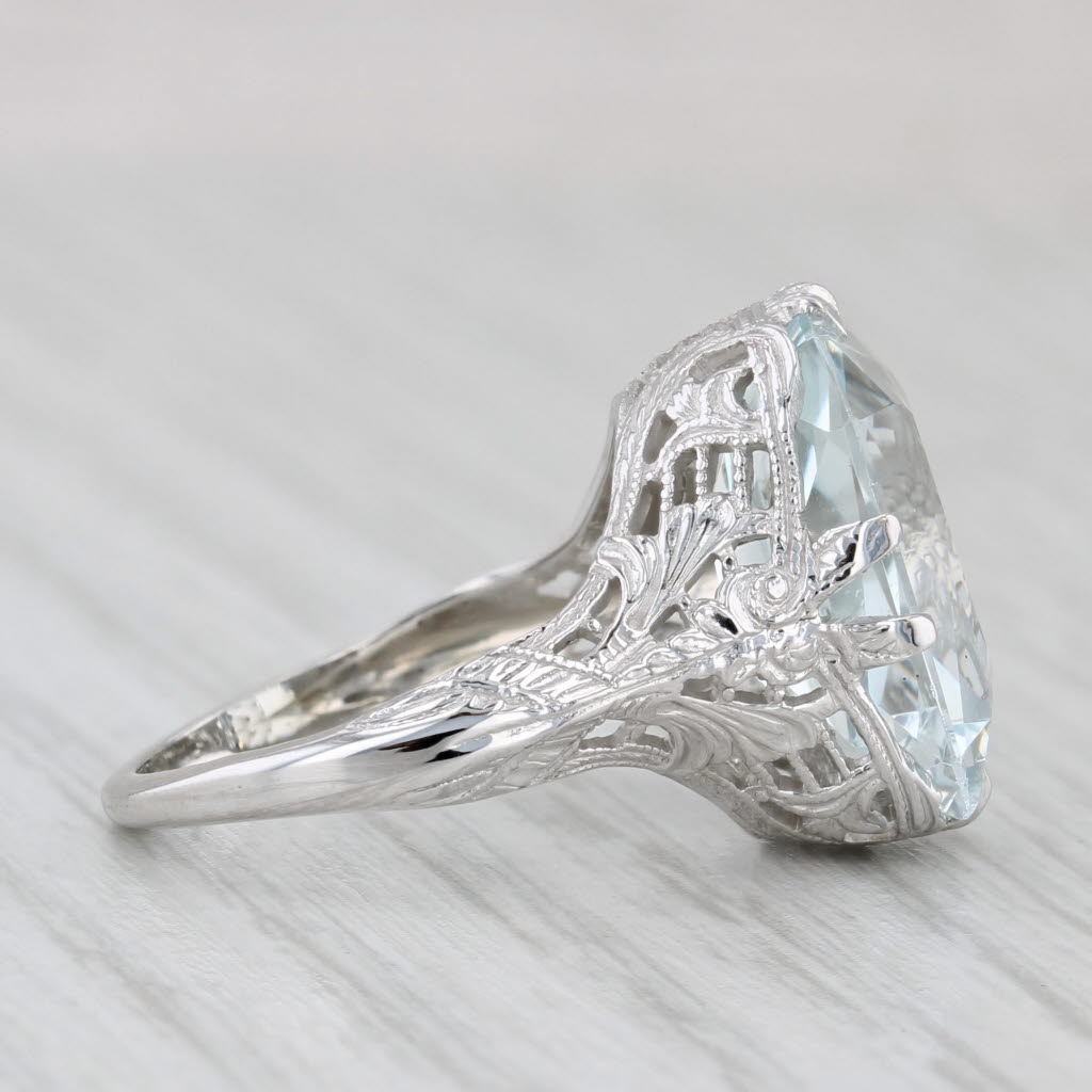 Light Gray Art Deco 6.05ct Aquamarine Solitaire Ring 14k White Gold Filigree Size 4