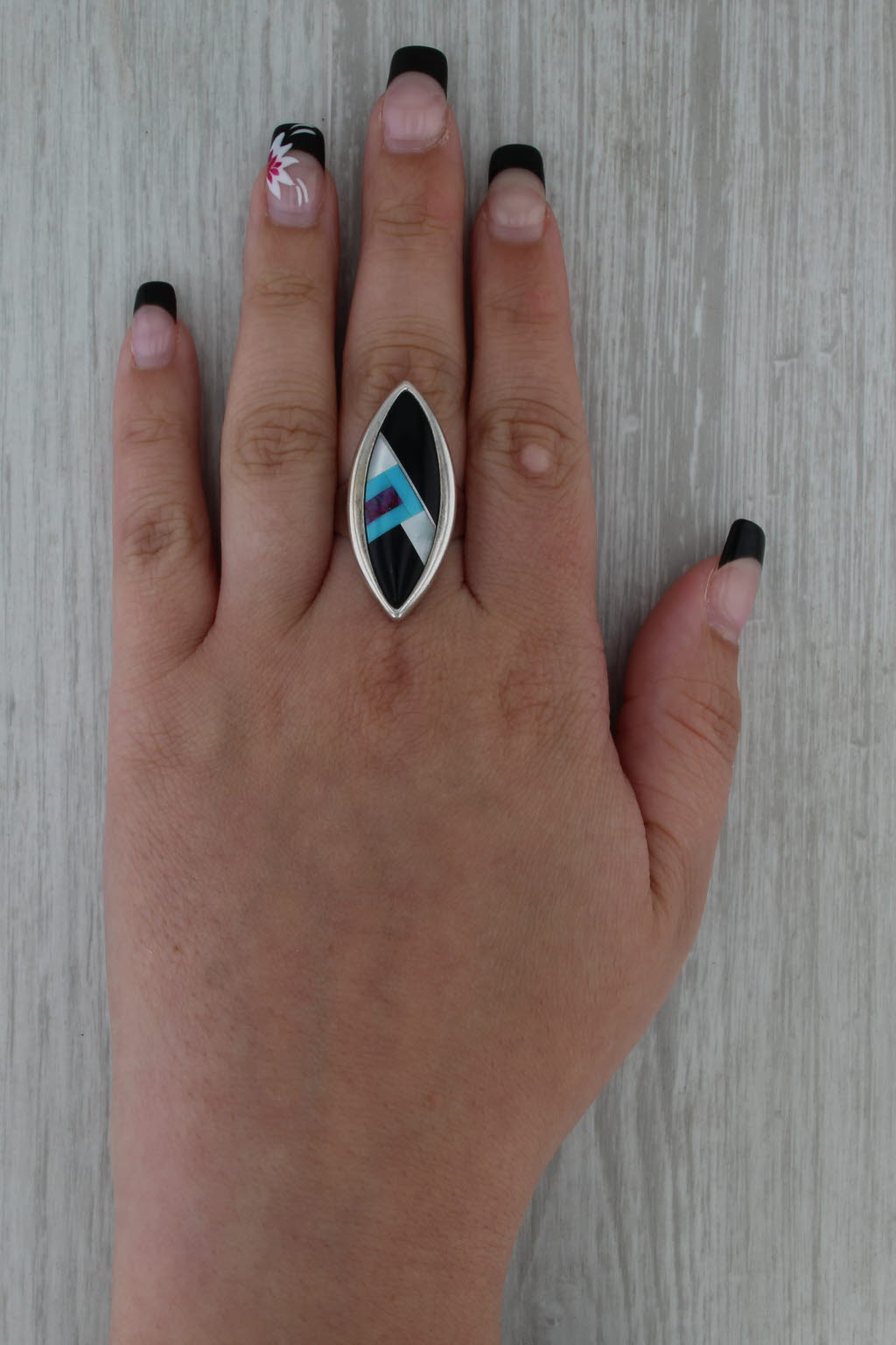 Old Desert Rose Trading Native American Stone Mosaic Ring Sterling Silver Size 9