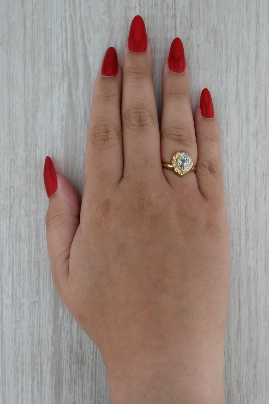 0.55ct Pear Aquamarine Diamond Ring 18k Yellow Gold Size 6