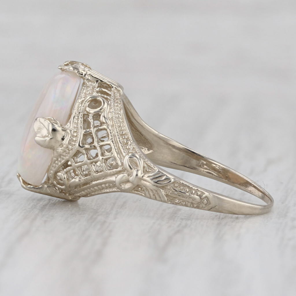 Gray Vintage Oval Cabochon Opal Solitaire Filigree Ring 14k White Gold Size 7.25