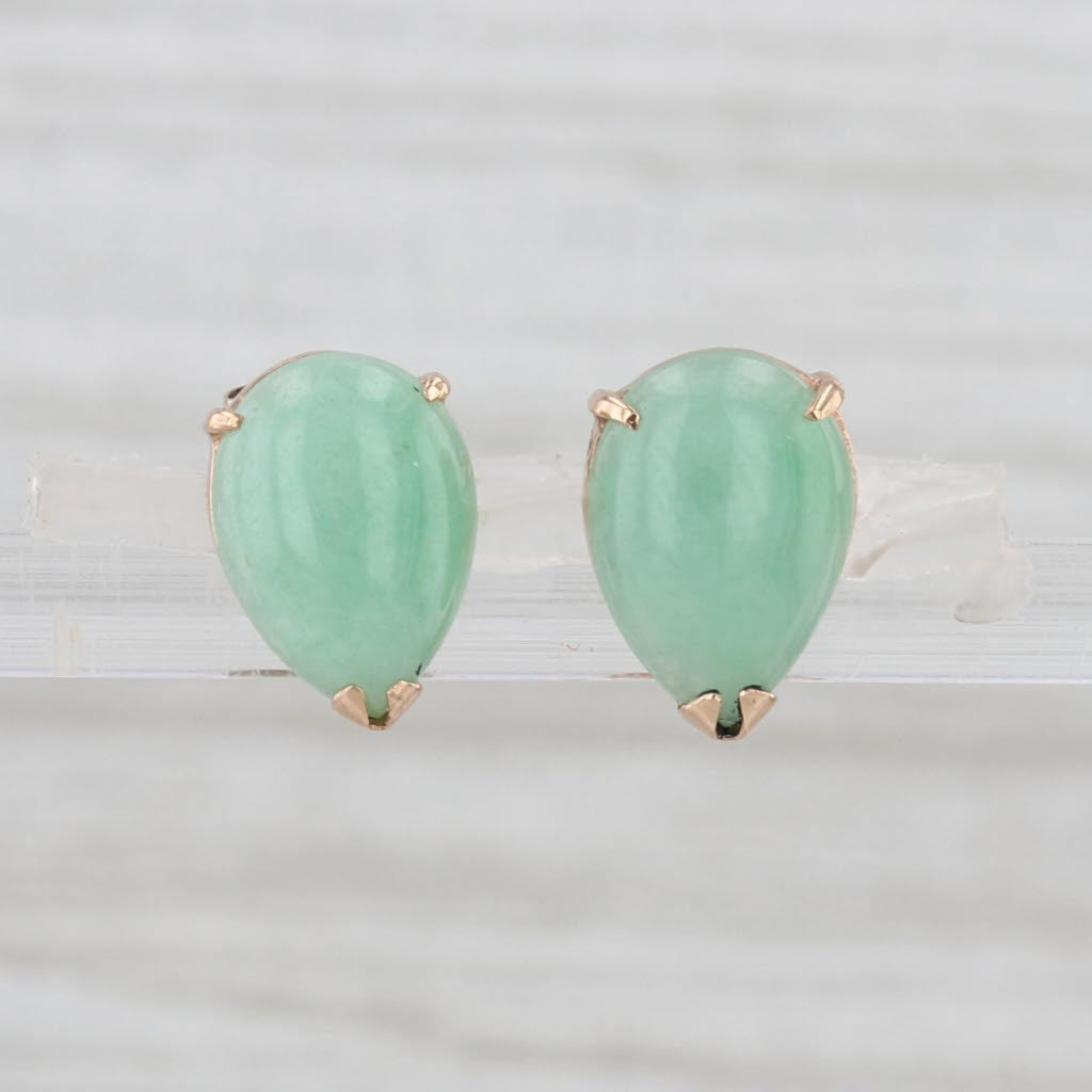 Jadeite Jade Pear Cabochon Stud Earrings 14k Yellow Gold Studs