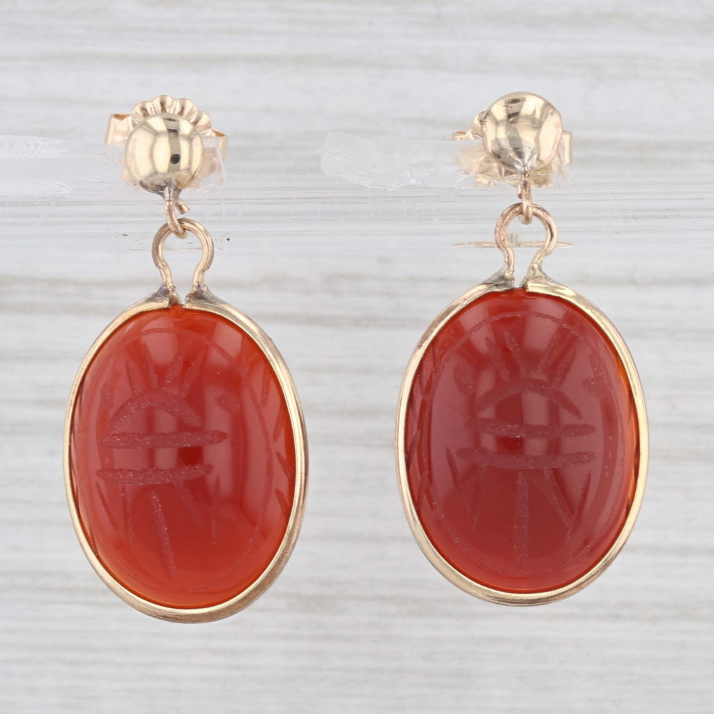 Light Gray Carved Carnelian Scarab Drop Earrings 14k Yellow Gold Pierced Dangles