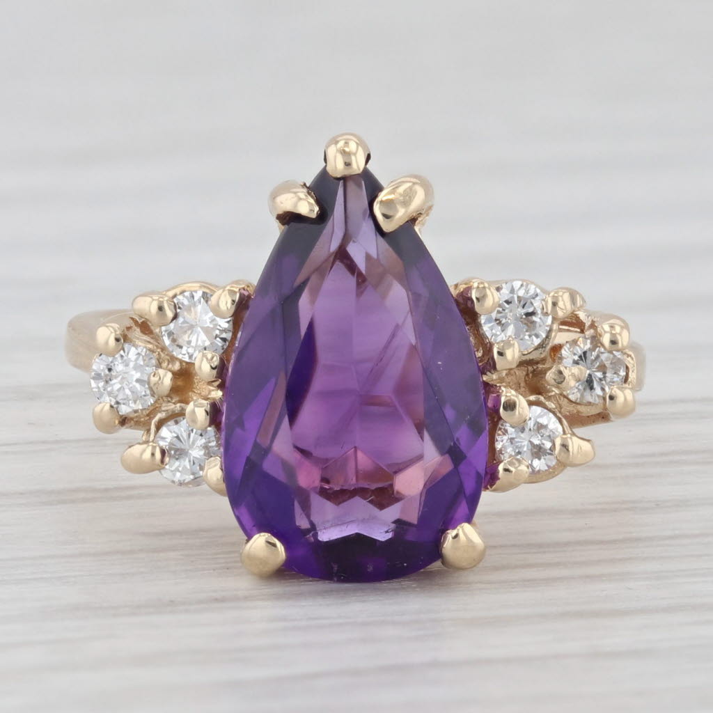 Light Gray 3.60ctw Teardrop Amethyst Diamond Ring 14k Yellow Gold Size 5.5