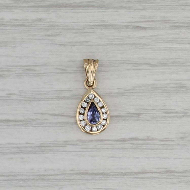 0.40ctw Tanzanite Diamond Halo Teardrop Pendant 14k Yellow Gold Small Drop