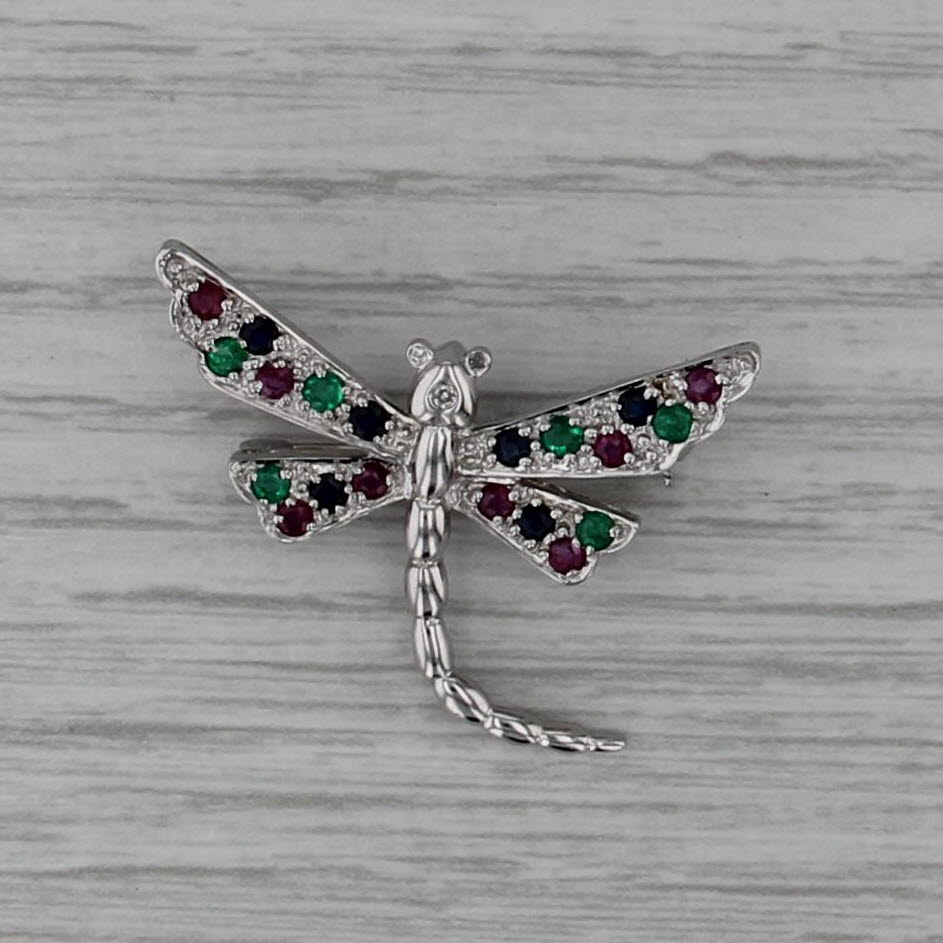 0.96ctw Gemstone Dragonfly Brooch 14k Gold Pin Sapphire Ruby Emerald Diamond