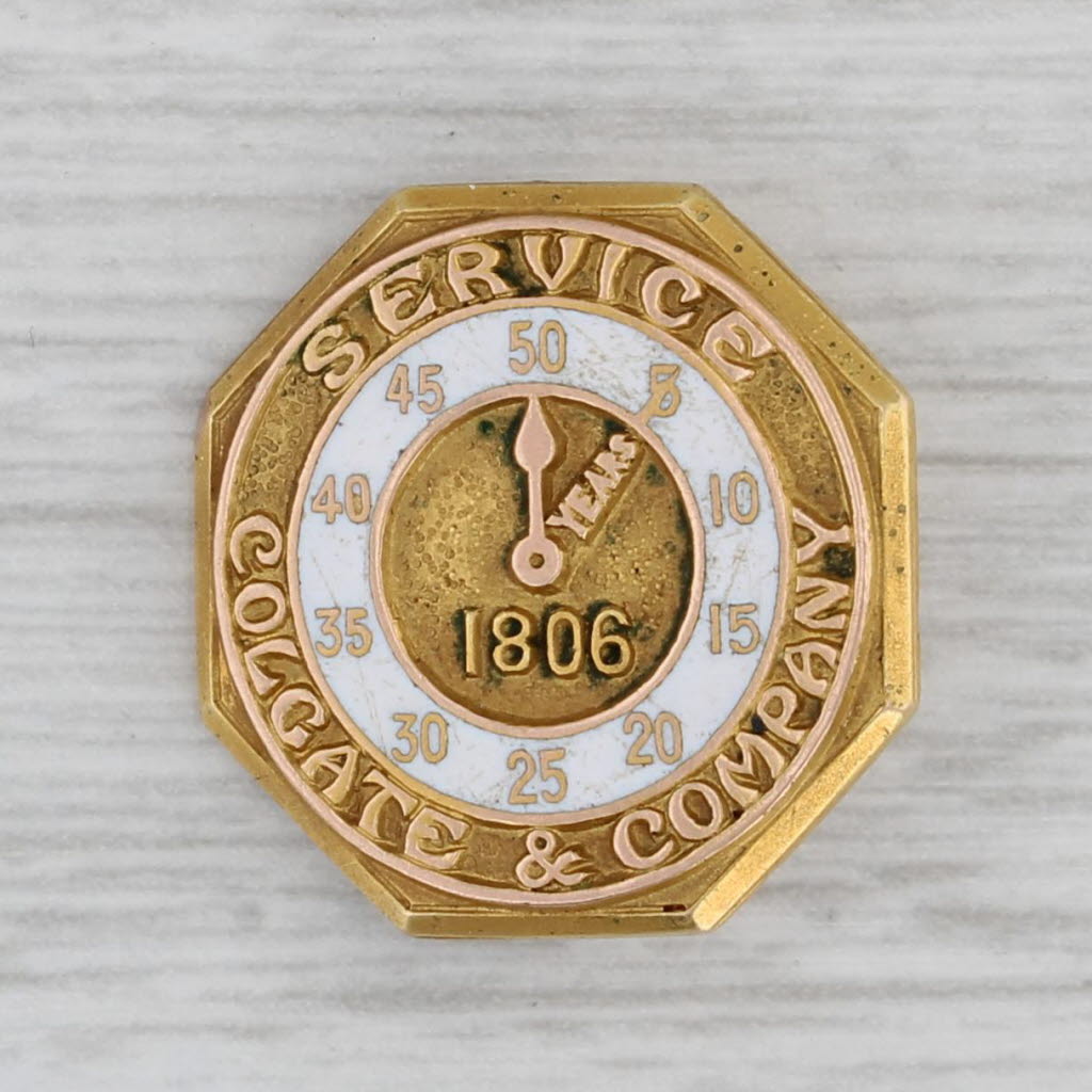 Gray Colgate Company 50 Years Service Pin 14k Gold Enamel Clock