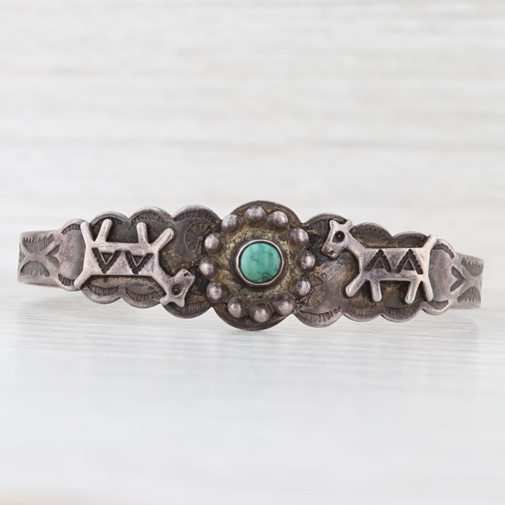 Native American Animal Pattern Turquoise Cuff Bracelet Sterling Silver 6.25"