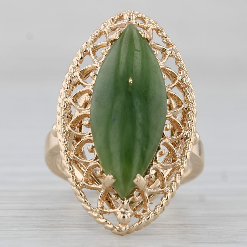 Gray Green Nephrite Jade Navette Cabochon Ring 14k Yellow Gold Size 6.5