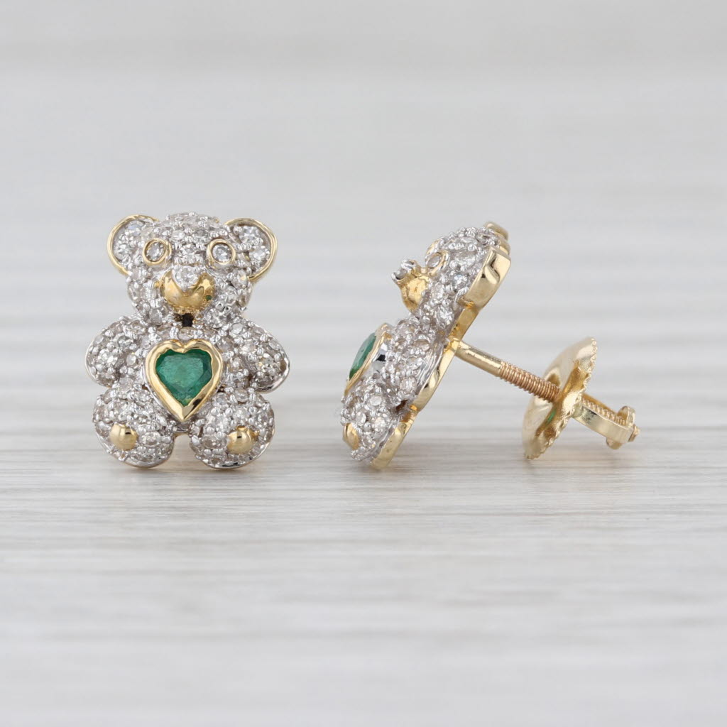 0.86ctw Emerald Hearts Diamond Teddy Bear Stud Earrings 10k Yellow Gold