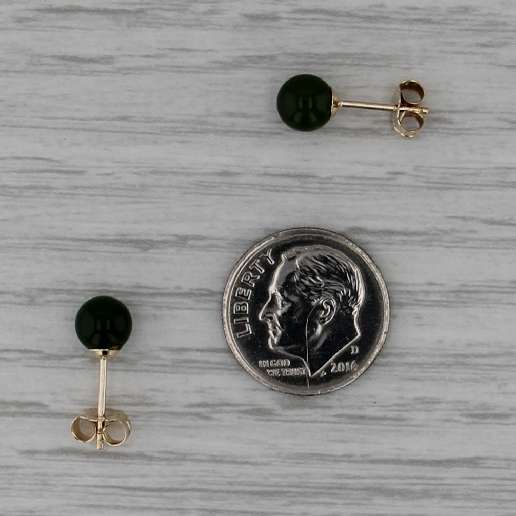 Green Nephrite Jade Round Bead Stud Earrings 14k Yellow Gold Studs