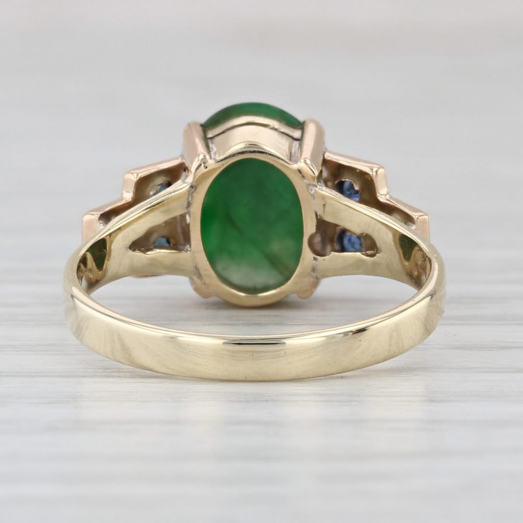 Vintage Green Jadeite Jade Blue Sapphire Ring 14k Yellow Gold Size 6.75