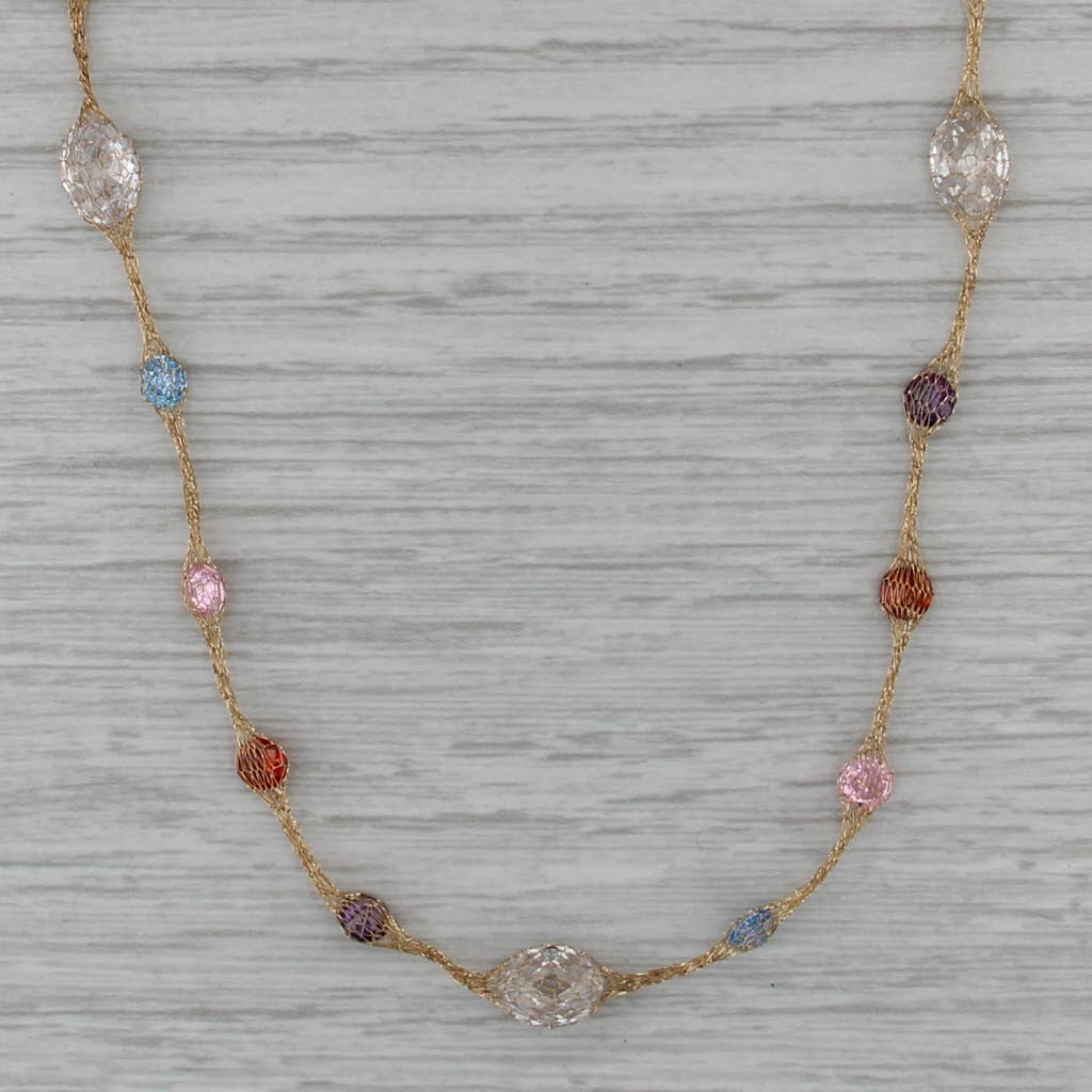 Multicolor Cubic Zirconia Station Mesh Chain Necklace 14k Yellow Gold 18"