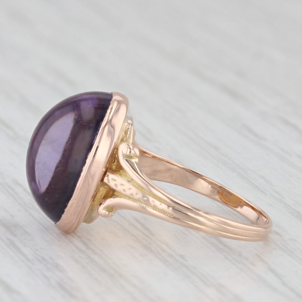 Light Gray Vintage Amethyst Oval Cabochon Solitaire Ring 14k Rose Yellow Gold Size 5.75