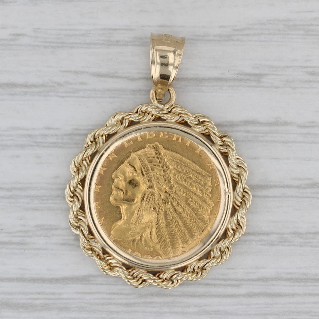 American Eagle Indian Head Coin 2 1/2 Dollars Pendant 14k 900 Gold 1908 1909