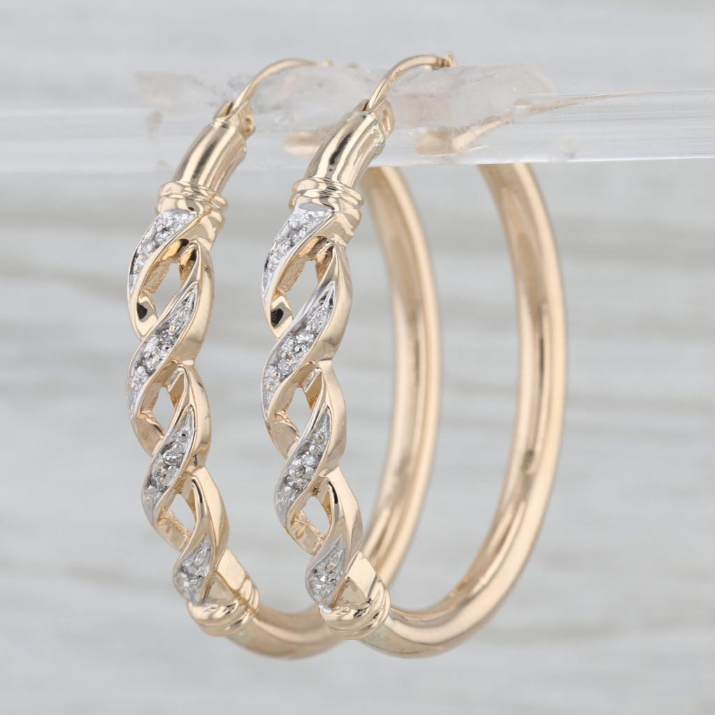 Diamond Accented Twist Hoop Earrings 10k Yellow Gold Snap Top Round Hoops