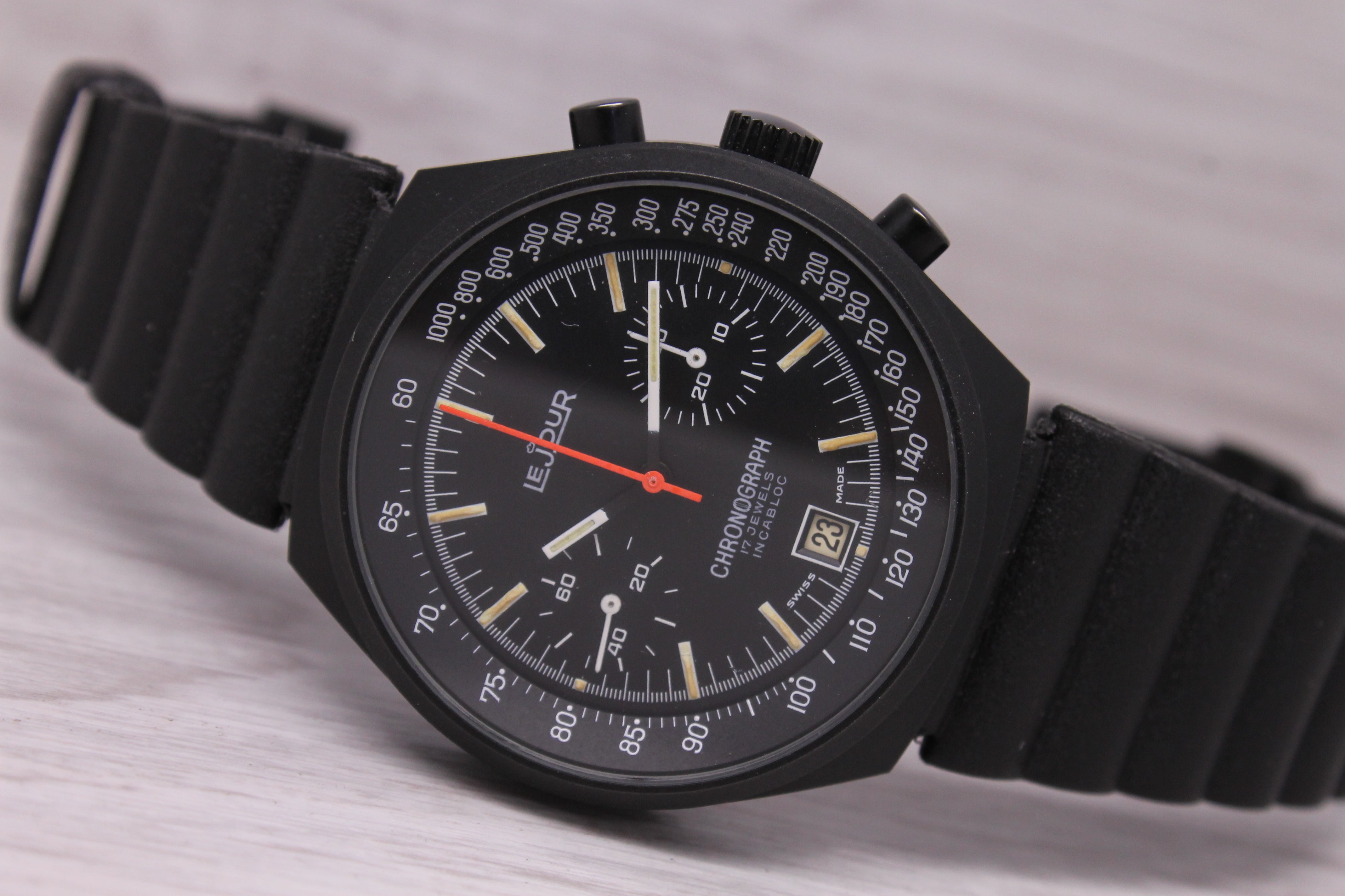 Vintage LeJour 40mm Black PVD Manual Wind Chronograph Valjoux 7734 - Near Mint -
