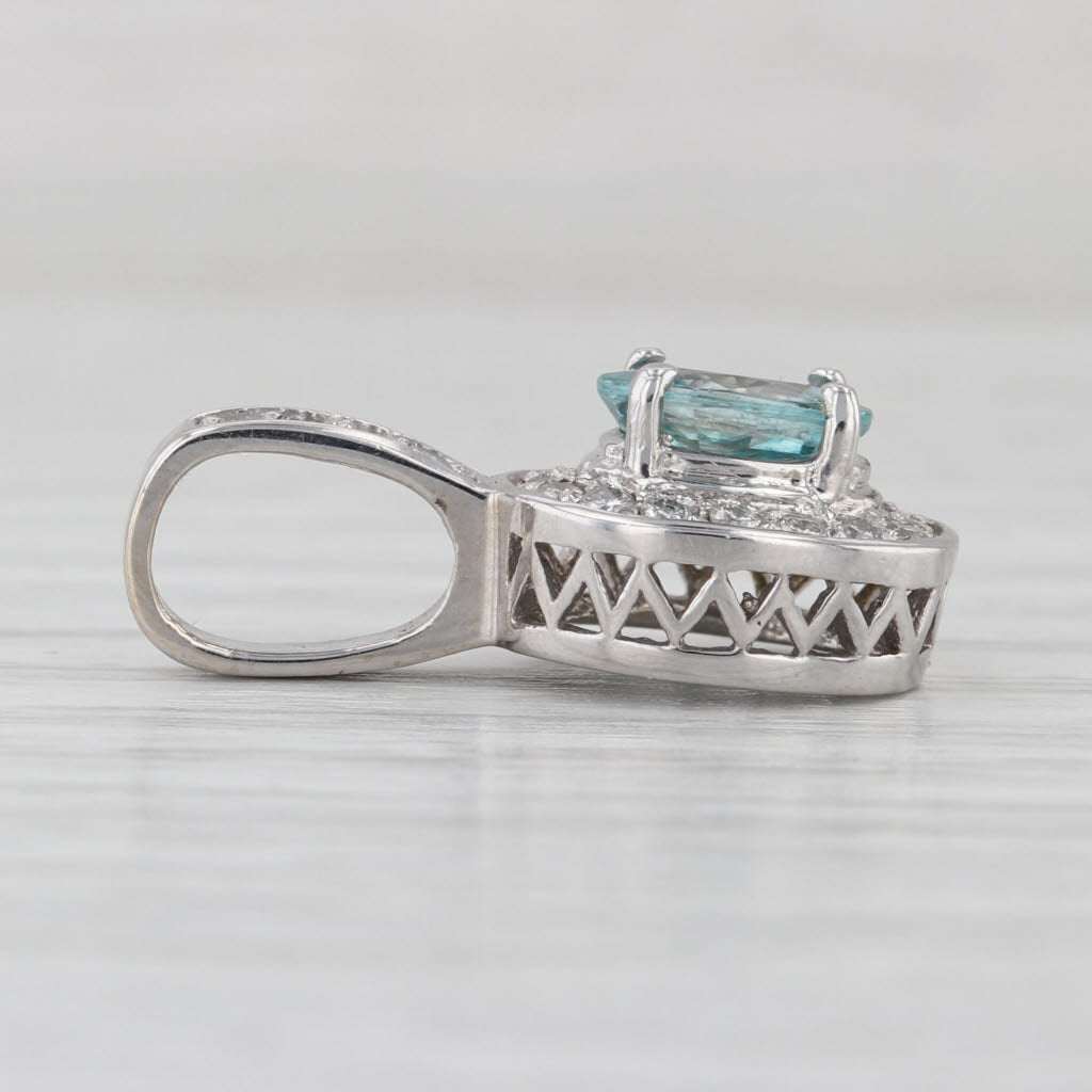 2.10ctw Blue Zircon Diamond Halo Pendant 14k White Gold Drop