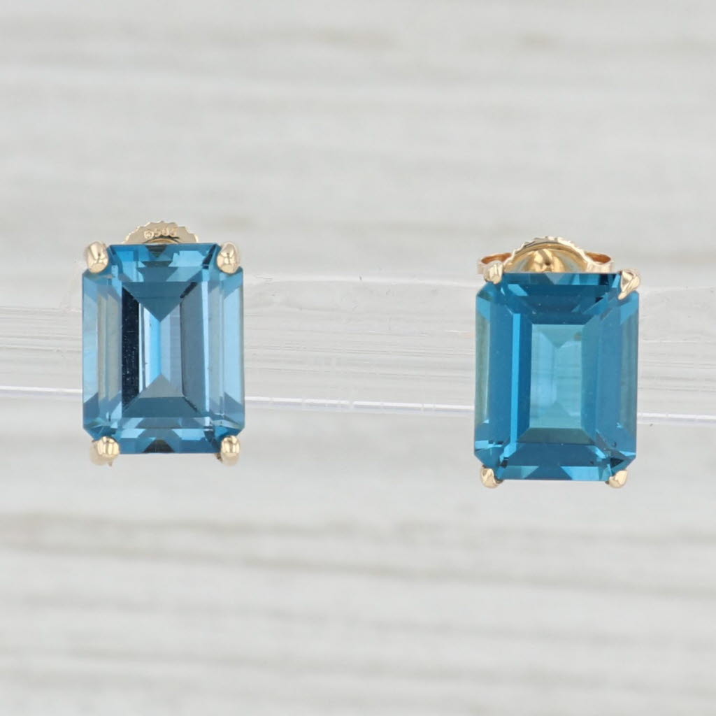 Light Gray 6ctw Solitaire London Blue Topaz Stud Earrings 14k Yellow Gold Emerald Cut Studs