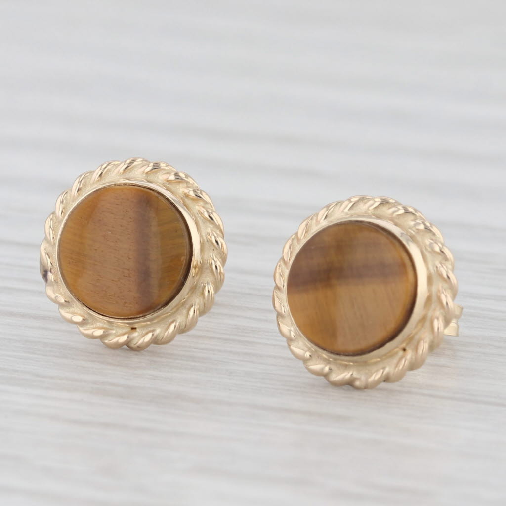 Light Gray Tiger's Eye Stud Earrings 14k Yellow Gold Round Solitaire Studs