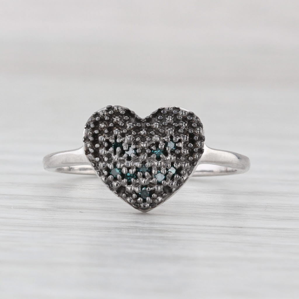 Pave Blue Diamond Cluster Heart Ring Sterling Silver Size 7