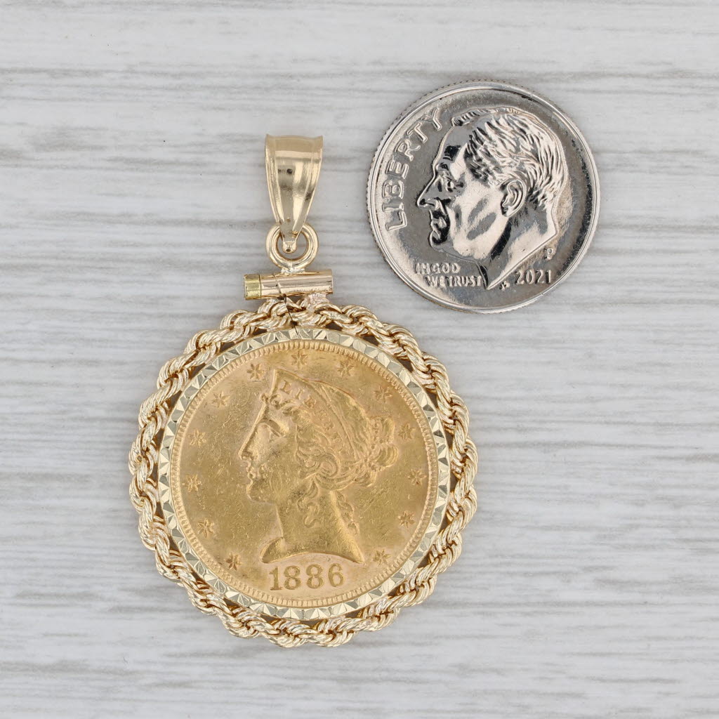 Gray Authentic 1886 5 Dollar Liberty Coin Pendant 14k Bezel 900 Coin Yellow Gold