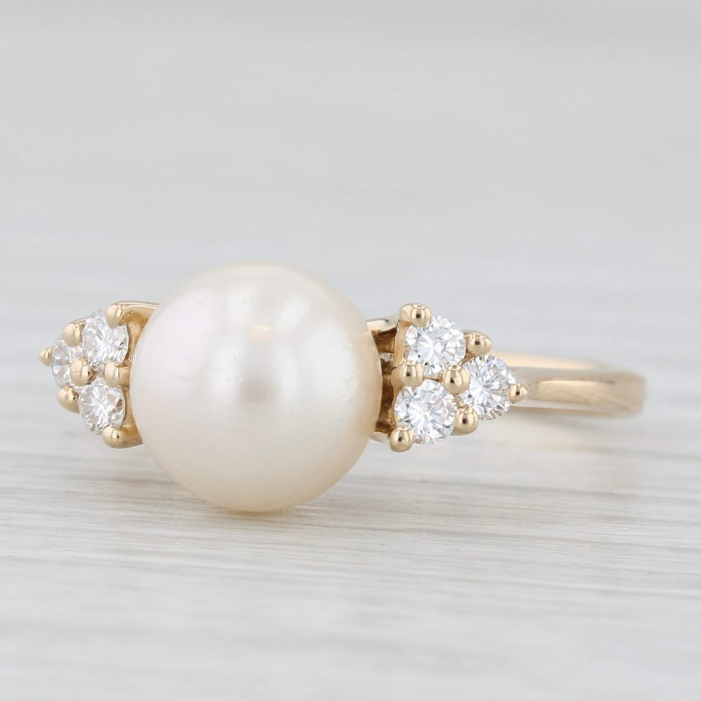 Light Gray Cultured Pearl Diamond Clusters Ring 14k Yellow Gold Size 5.5