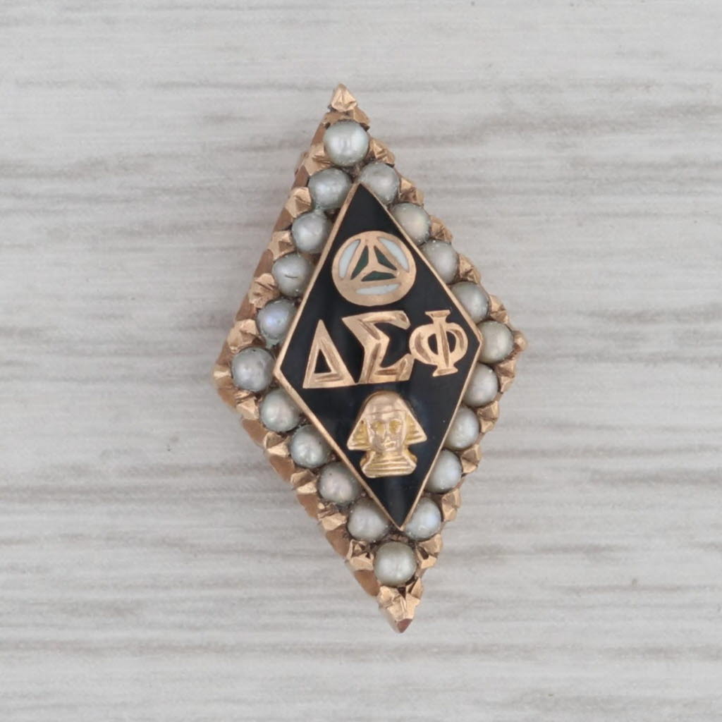 Gray Delta Sigma Phi fraternity Badge 10k Gold Pearl 1920s Pharaoh Fraternity Pin