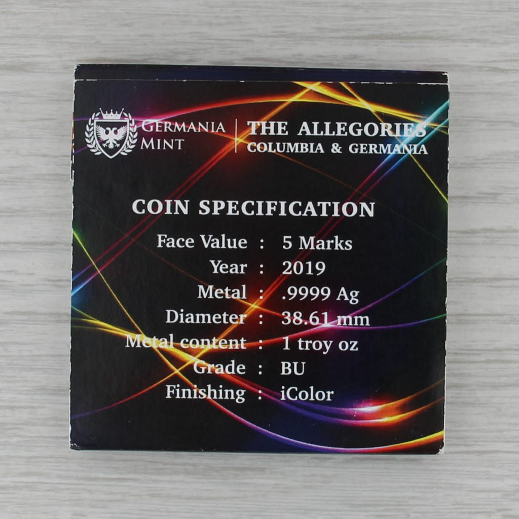 The Allegories Columbia & Germania 2019 Coin in Case 999 Silver 5 Marks 1 ozt