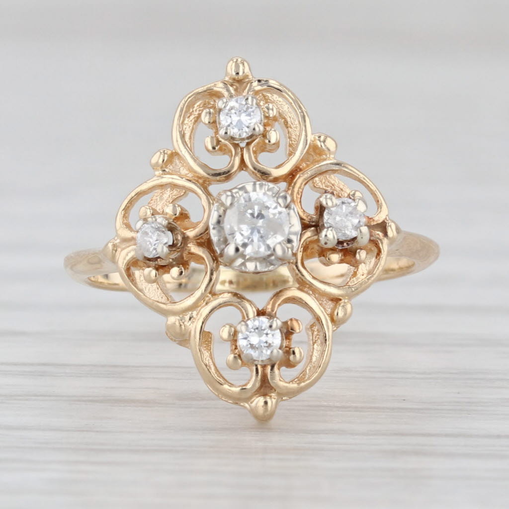 Vintage Openwork 0.15ctw Diamond Ring 14k Yellow Gold Small Size 3