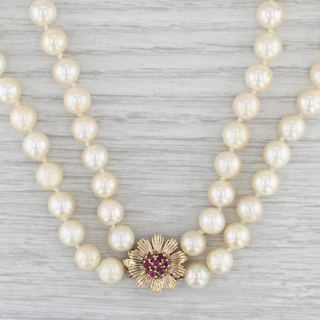 Vintage Cultured Pearl Double Strand Necklace 15" 14k Yellow Gold Ruby Clasp