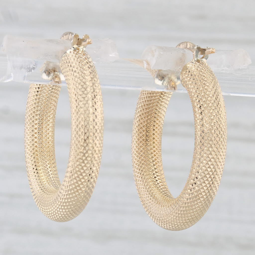 Light Gray Textured Hoop Earrings 14k Yellow Gold Snap Top Round Hoops