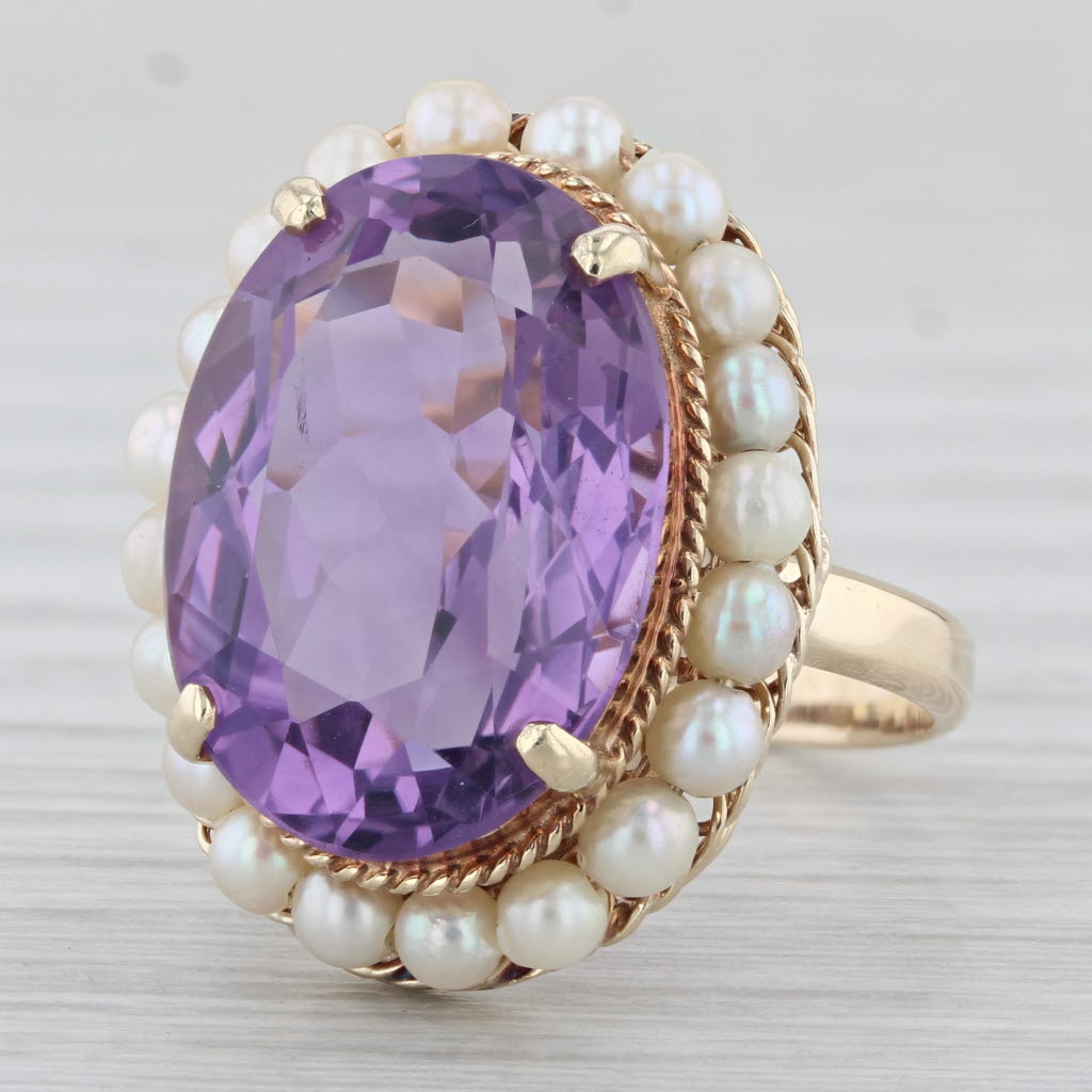 Gray 12ct Oval Amethyst Pearl Halo Ring 14k Yellow Gold Size 8 Cocktail