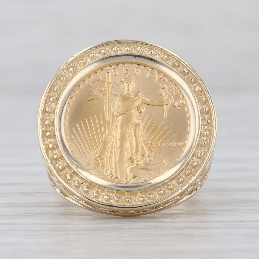 1986 American Gold Eagle Coin Ring 14k 22k Gold Diamonds 1/10oz $5 AGE