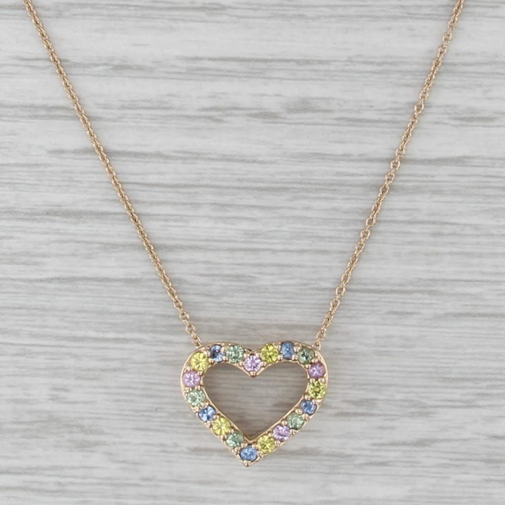 0.75ctw Multicolor Sapphire Heart Pendant Necklace 14k Gold 17" Cable Chain