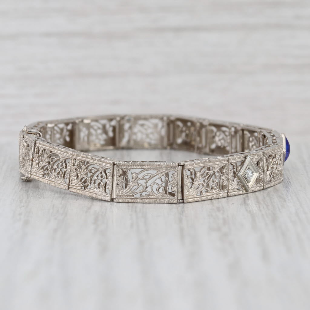 Vintage Diamond Filigree Bracelet 14k White Gold 7" 6.6mm Blue Glass