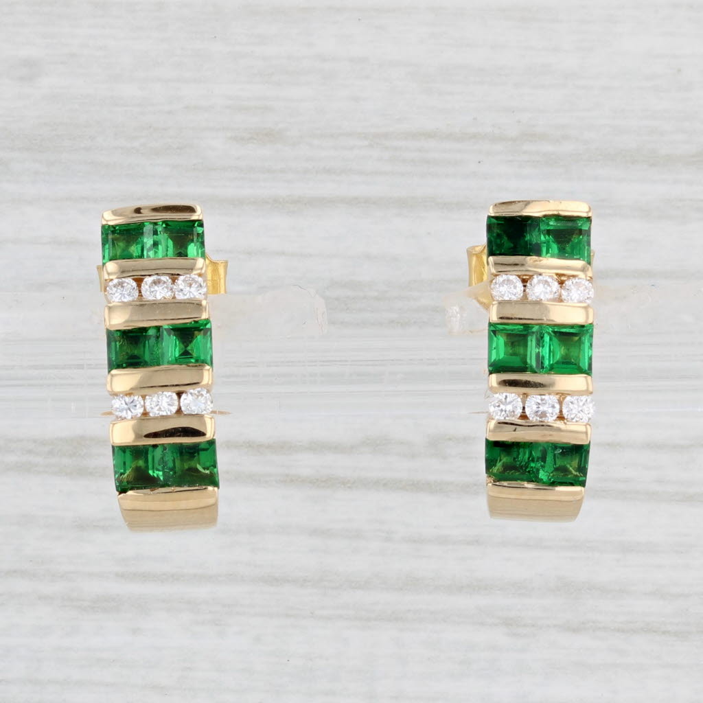 Light Gray 1.18ctw Green Tsavorite Garnet Diamond J-Hook Earrings 18k Yellow Gold