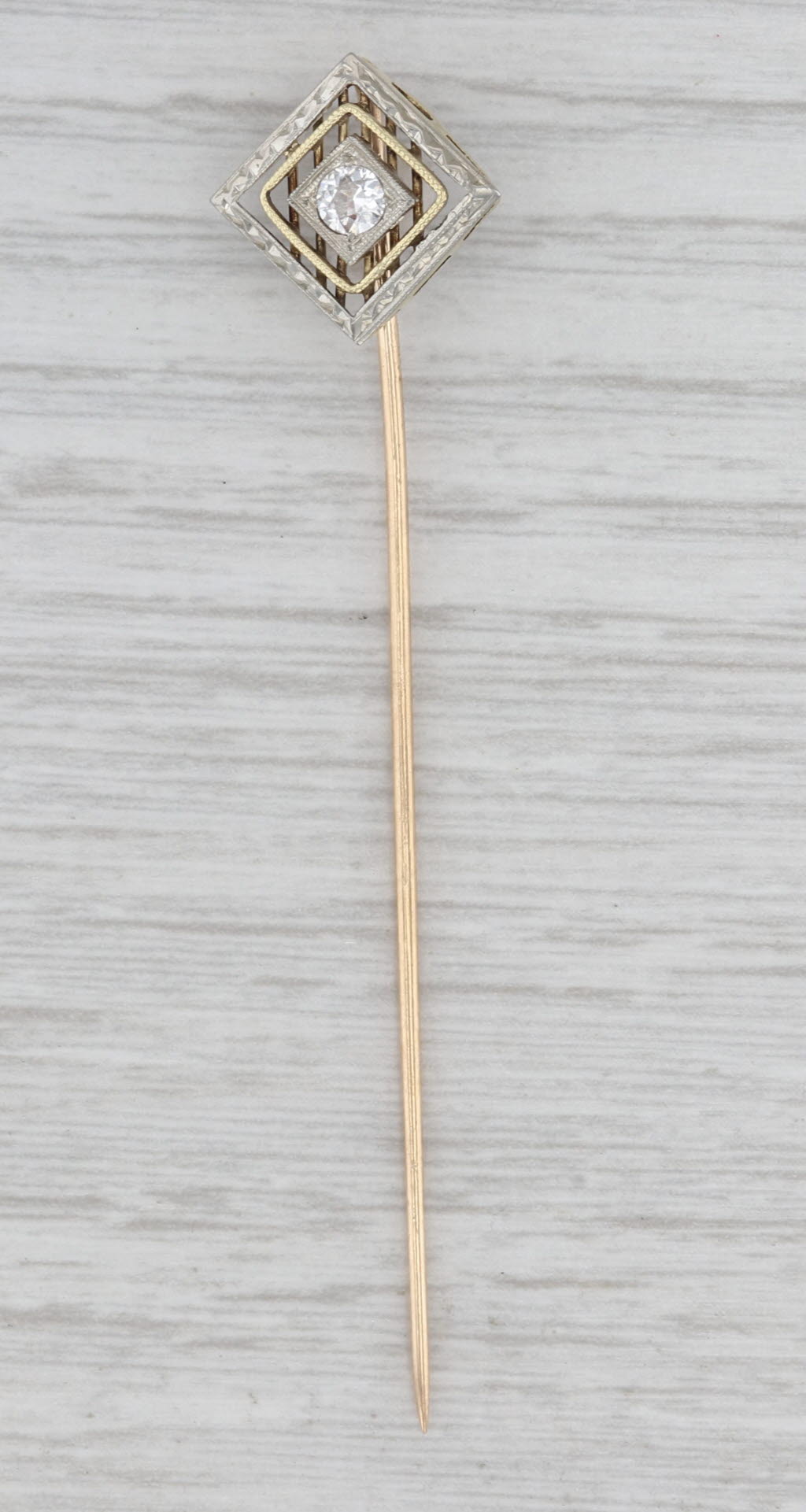Vintage 0.11ct Diamond Solitaire Stickpin 14k White Yellow Gold