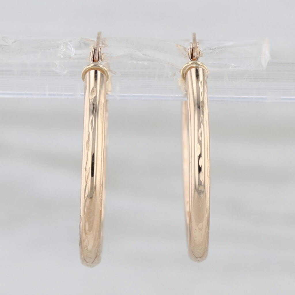 Small Etched Hoop Earrings 10k Yellow Gold Snap Top Round Hoops 20.4 x 2 mm