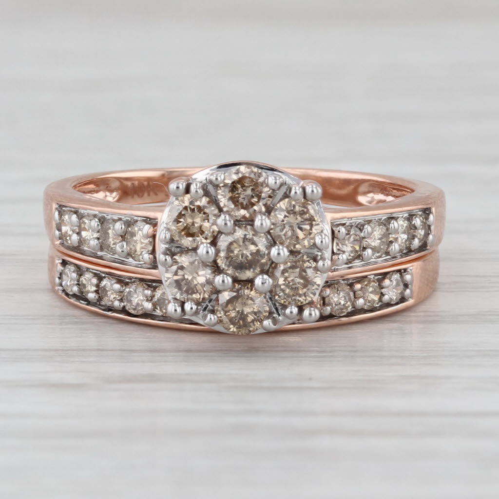 0.80ctw Diamond Cluster Engagement Ring Wedding Band Bridal Set 10k Rose Gold