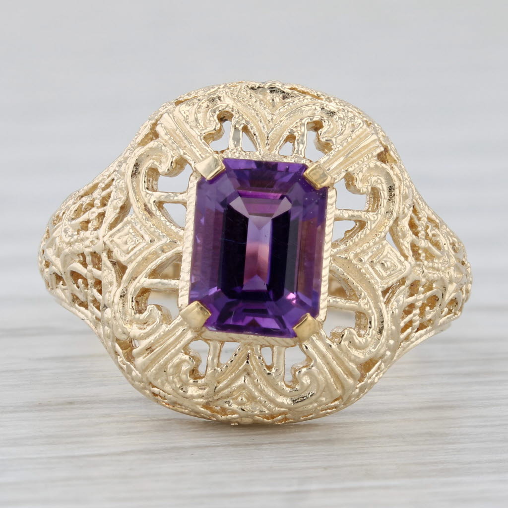 Gray 1.30ct Amethyst Solitaire Filigree Ring 10k Yellow Gold Size 8.25