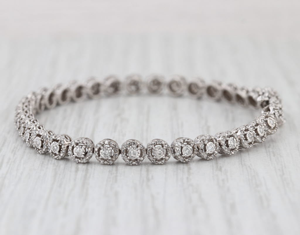 1ctw Diamond Halo Tennis Bracelet 10k White Gold 6.75" 4.8mm