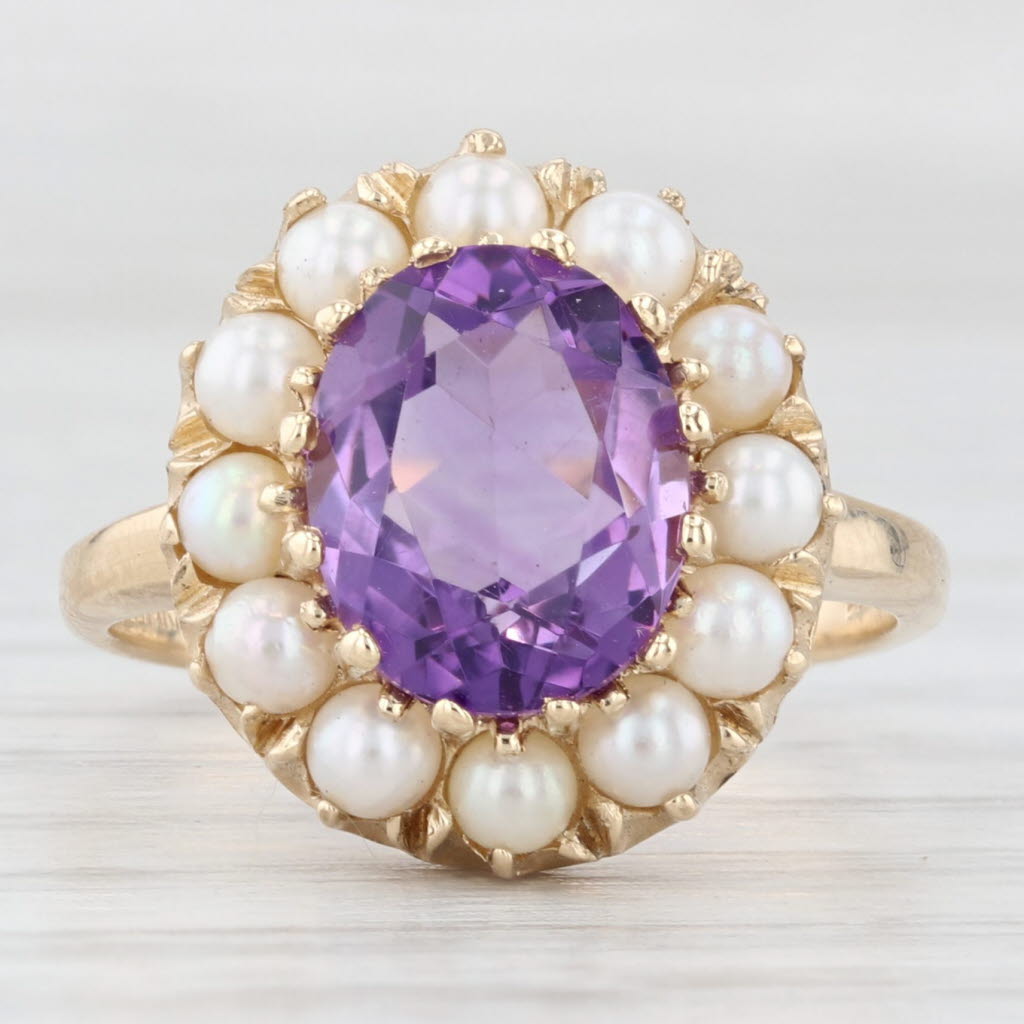 Light Gray Vintage 2.50ct Amethyst Cultured Pearl Halo Ring 14k Yellow Gold Size 7
