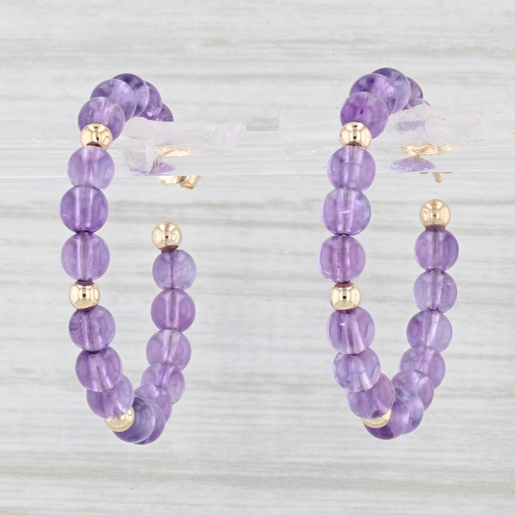 Light Gray Amethyst Bead Hoop Earrings 14k Yellow Gold Pierced Round Hoops