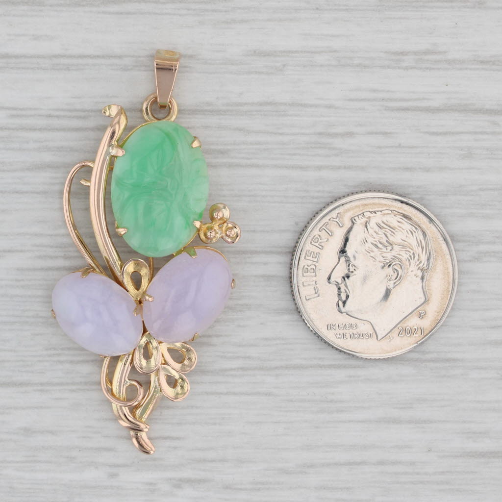 Gray Lavender Green Jadeite Jade Flower Pendant 14k Yellow Gold