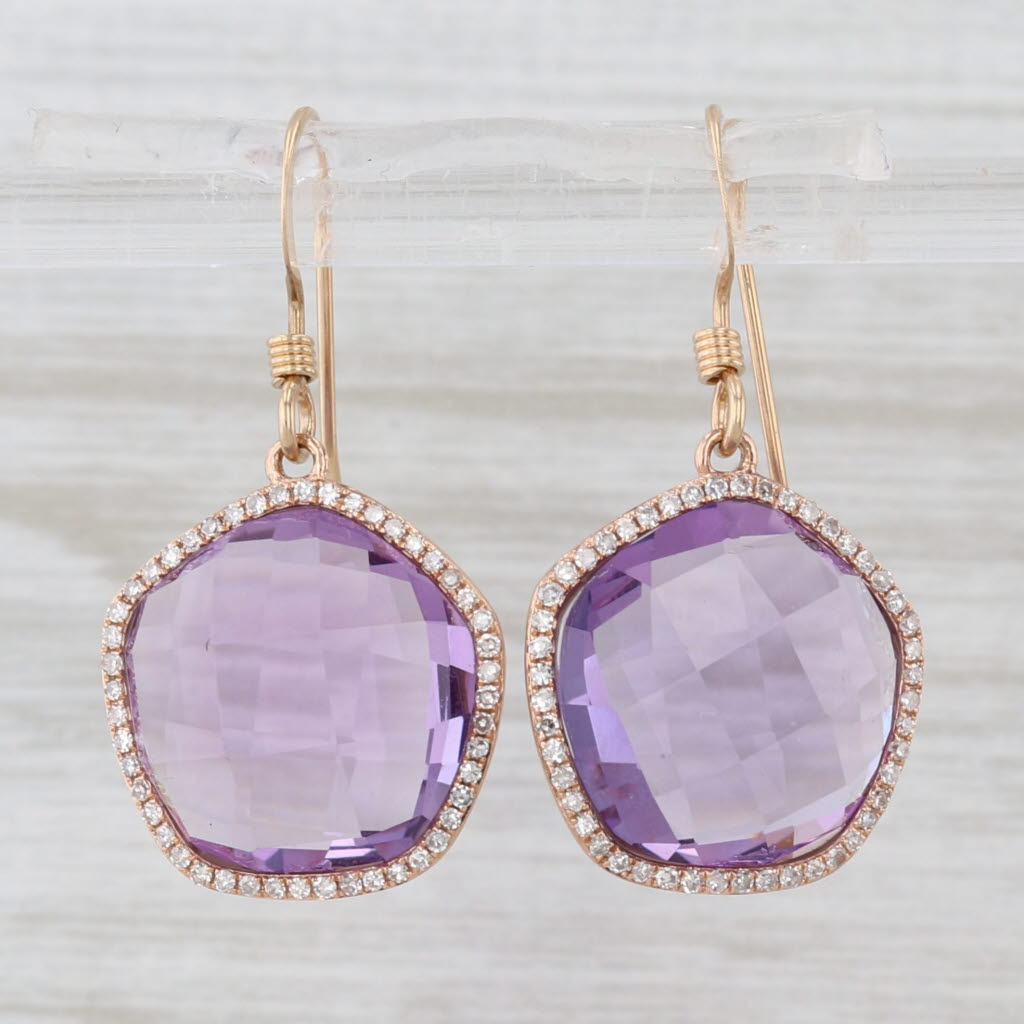 Amethyst 0.30ctw Diamond Halo Dangle Earrings 14k Yellow Gold Hook Posts