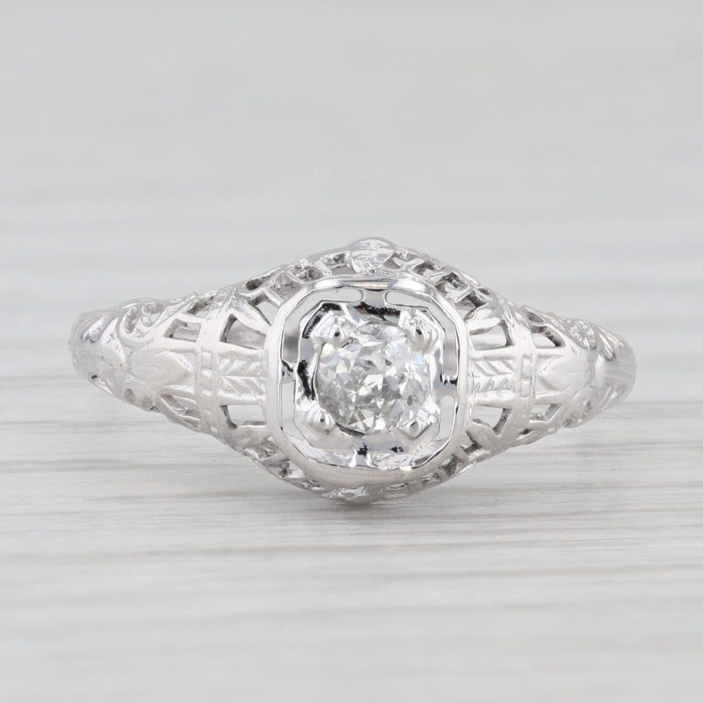 Light Gray Vintage Old European Diamond Solitaire Ring 14k White Gold Filigree Size 7.75